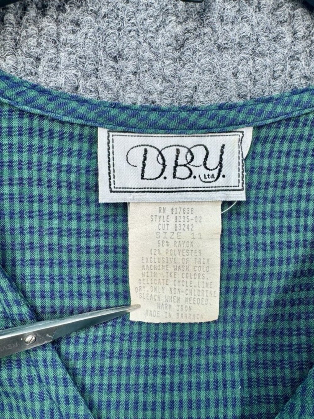 Vintage DBY Dress Womens 11 Green Blue Gingham Midi Sheath Button Front Tie Back - Picture 5 of 9